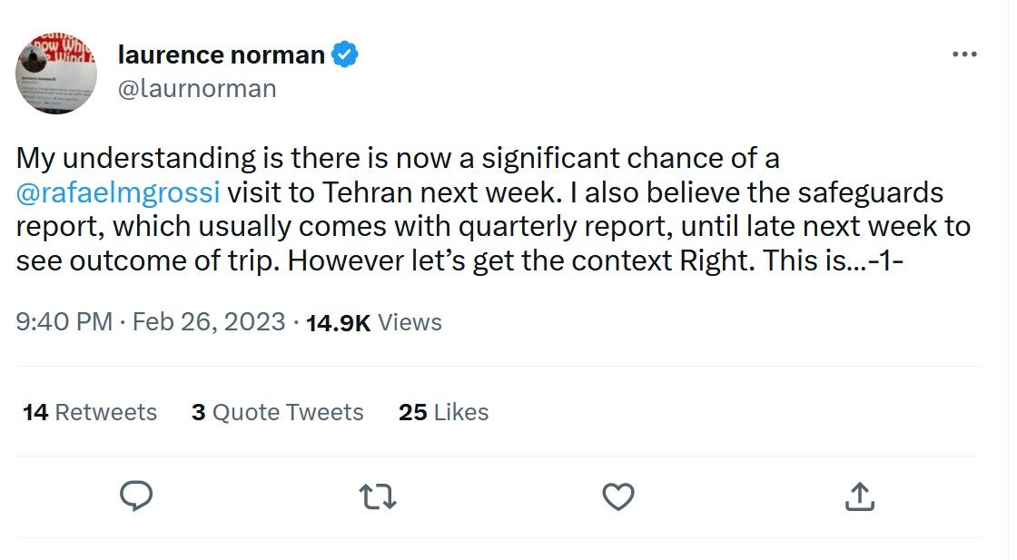گمانه زنی خبرنگار وال‌استریت ژورنال در مورد احتمال سفر گروسی به تهران 