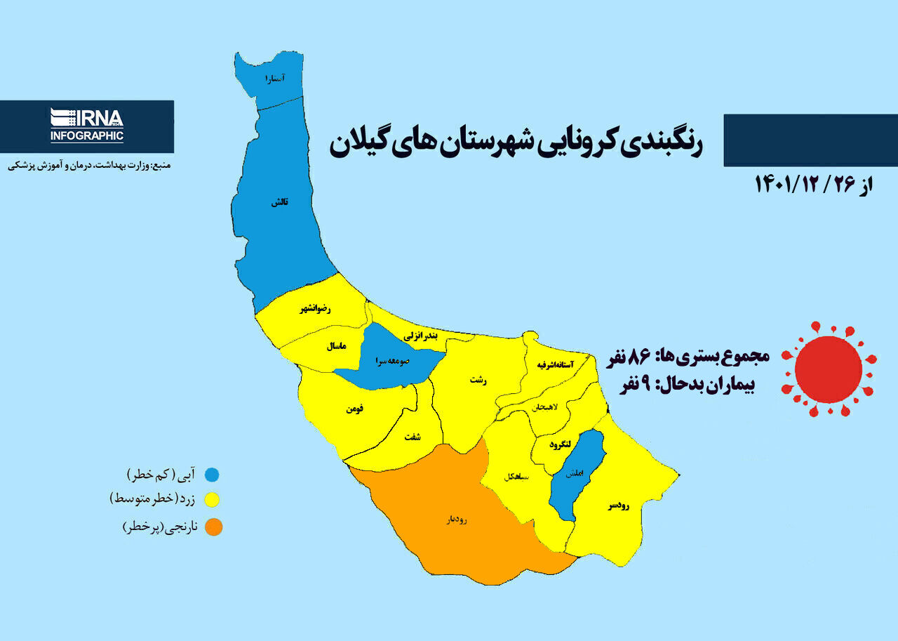 رنگبندی کرونایی شهرستان‌های گیلان (۱۴۰۱/۱۲/۲۶)