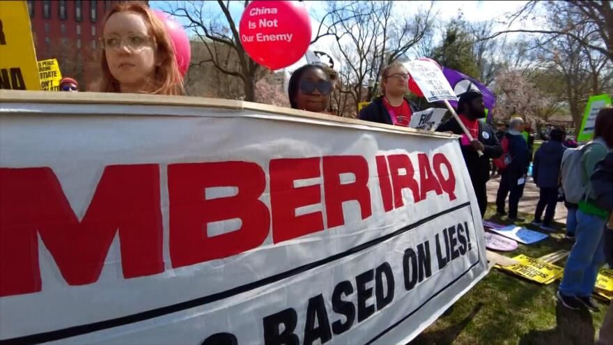 Miles estadounidenses protestan contra el belicismo de EEUU, a 20 aniversario de invasión a Irak