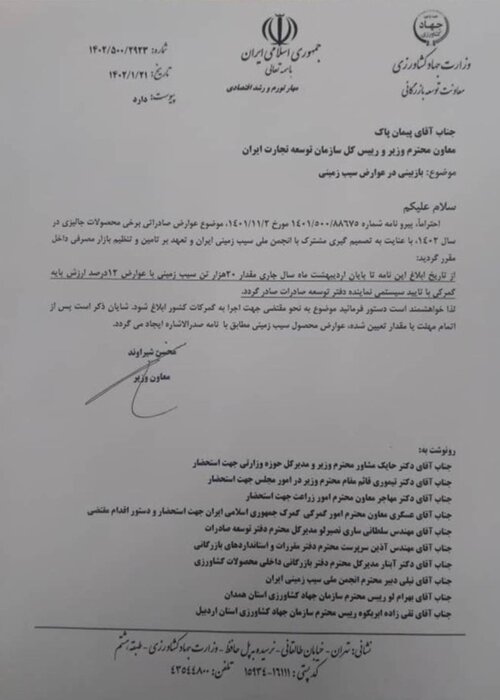 معاون وزیر بازرگانی خواستار صادرات ۲۰ هزار تن سیب زمینی با عوارض ۱۲ درصدی شد