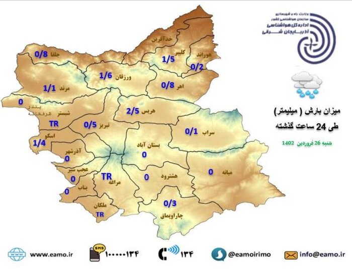 بارش باران در نواحی شرقی آذربایجان‌شرقی ادامه می‌یابد