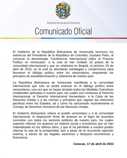 Caracas reconoce iniciativa de Colombia por la conferencia internacional sobre Venezuela