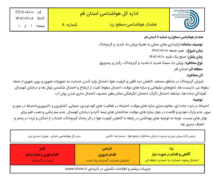 صدور هشدار سطح زرد وقوع گرد و خاک در استان قم