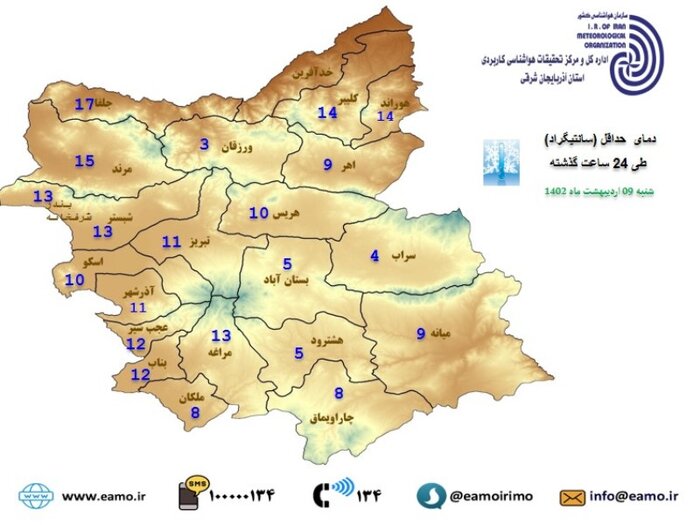 پیش‌بینی بارش‌های رگباری و کاهش دما در آذربایجان‌شرقی