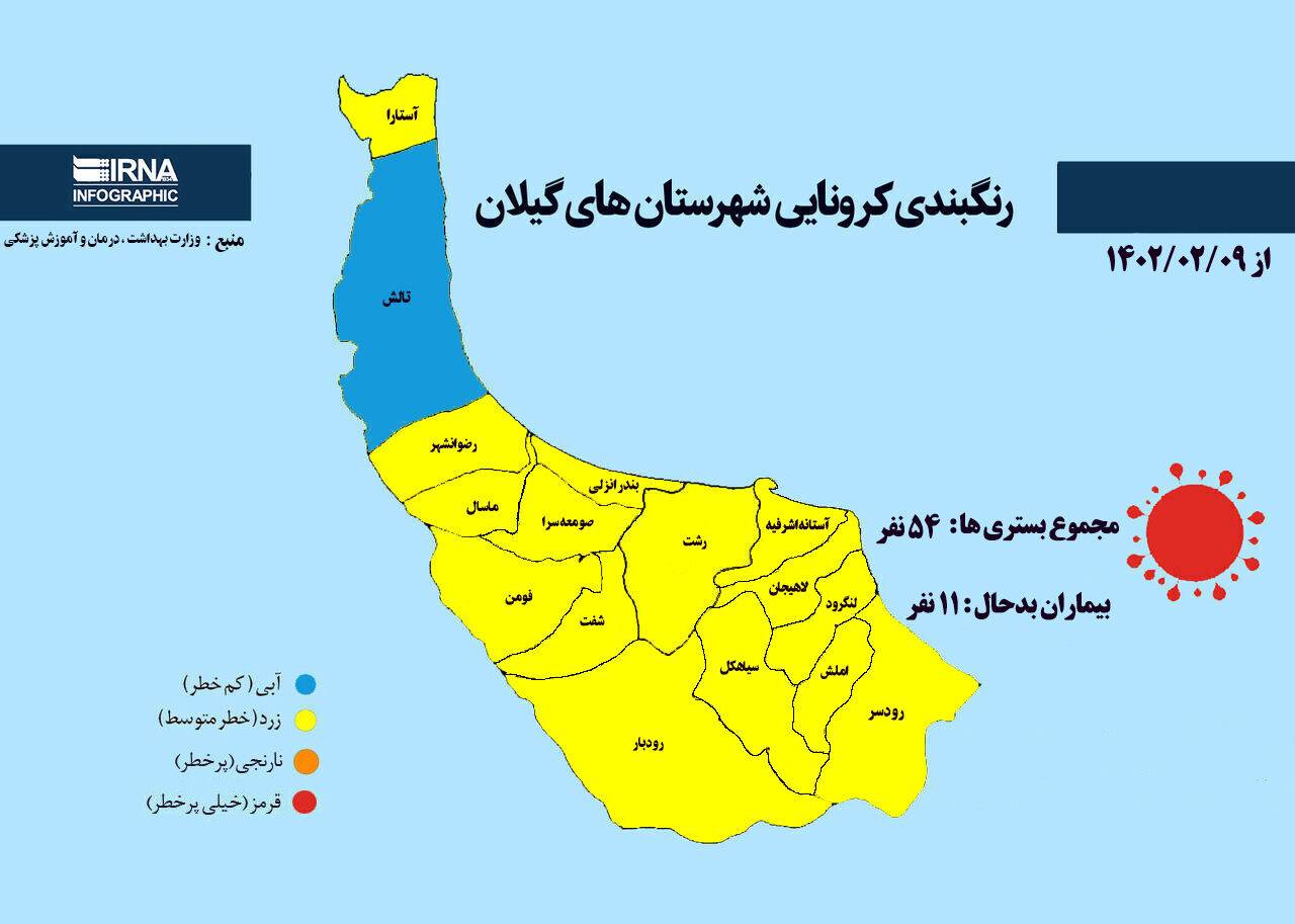 رنگبندی کرونایی شهرستان‌های گیلان از (۱۴۰۲/۰۲/۰۹)