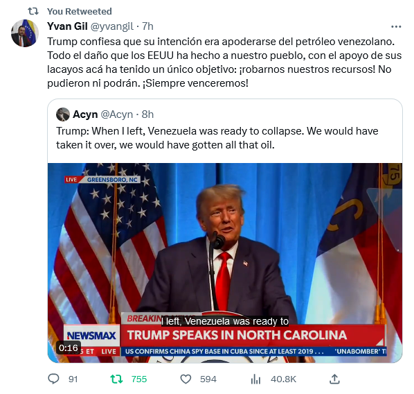 Trump confiesa que pretendía apoderarse del petróleo de Venezuela