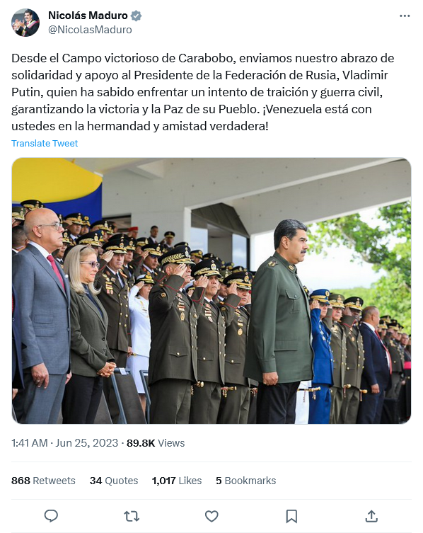 Venezuela y Cuba envían su respaldo a Putin y saludan su victoria ante el grupo Wagner