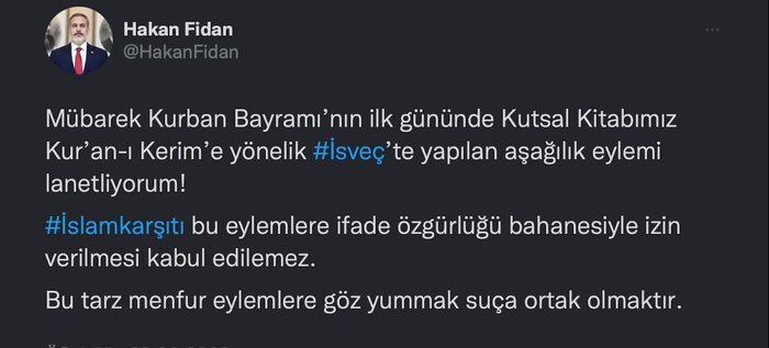 Türkiye Dışişleri Bakanı Fidan, Kur'an-ı Kerim'e yönelik İsveç'te yapılan eylemi lanetledi