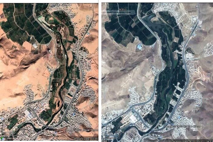 مقایسه عکس هوایی 2013 با 2023 تالاب حسن خان مهاباد 