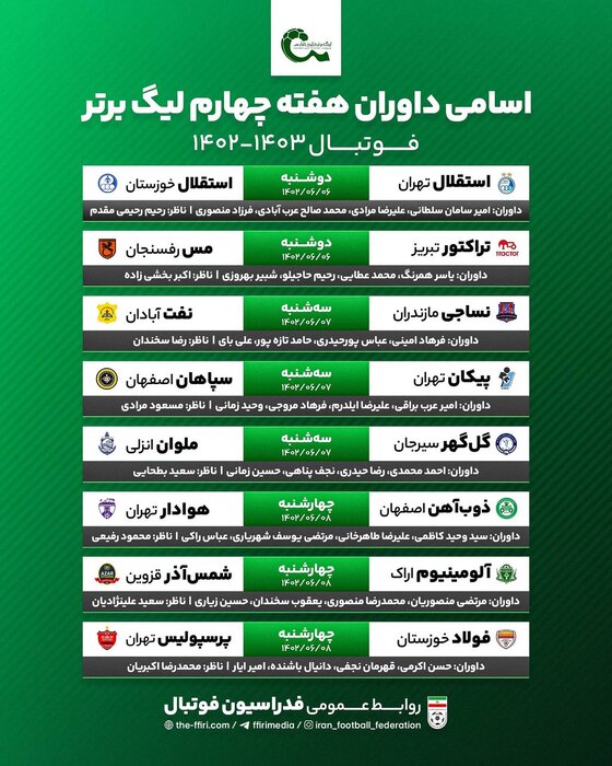 داوران هفته چهارم لیگ برتر؛ سلطانی به استقلال رسید، اکرامی به پرسپولیس