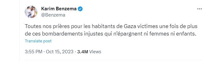 بنزما جنایات رژیم صهیونیستی در غزه را محکوم کرد+ تصویر