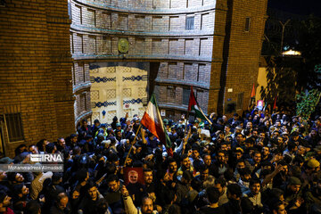 People gather in a square in Tehran to condemn Zionists’ crimes