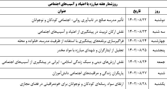 اعلام روزشمار هفته مبارزه با اعتیاد و آسیبهای اجتماعی در مدارس