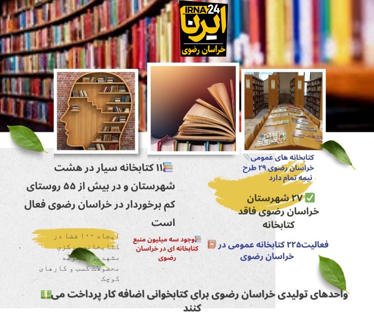 اینفوگرافیک/ فعالیت ۱۱ کتابخانه سیار و ۲۲۵ کتابخانه عمومی در خراسان رضوی