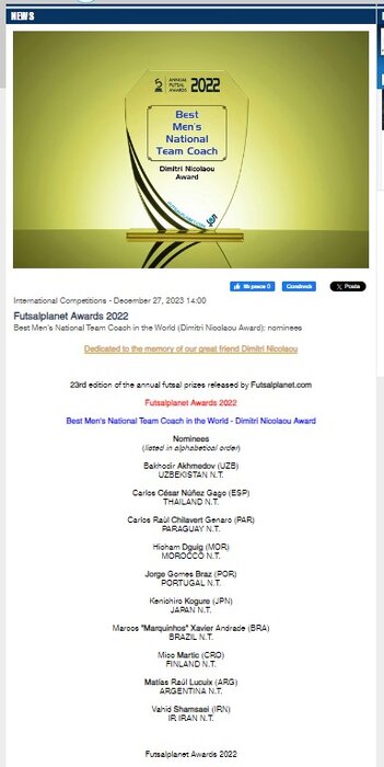 شمسایی کاندیدای بهترین مربی فوتسال جهان شد + عکس