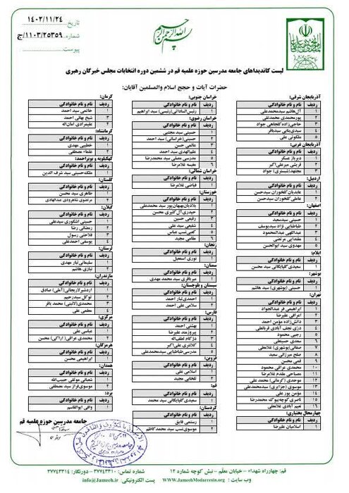 لیست کاندیداهای جامعه مدرسین در انتخابات مجلس خبرگان اعلام شد