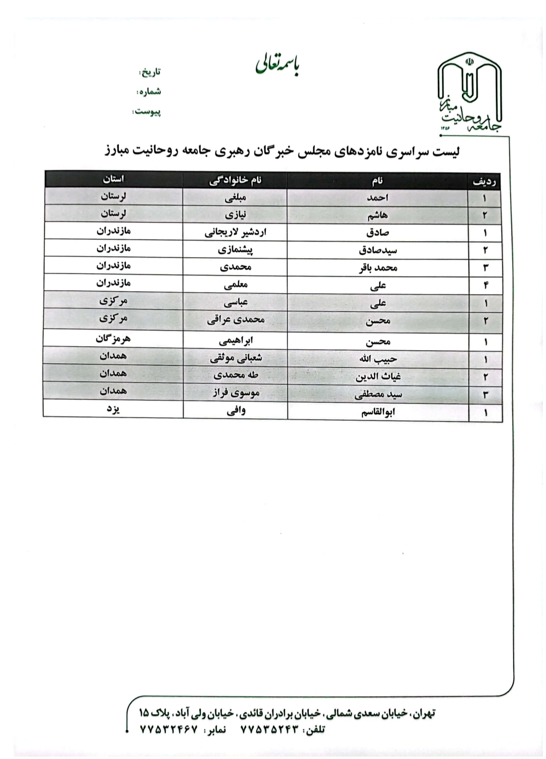 لیست سراسری جامعه روحانیت برای انتخابات خبرگان مشخص شد