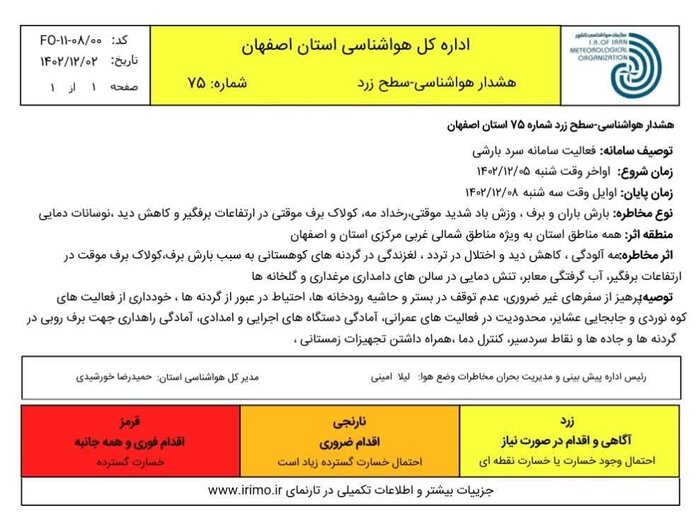 سامانه سردِ بارشی در راه اصفهان