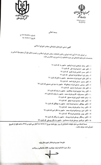 اسامی نهایی نامزدها نمایندگی مجلس شورای اسلامی در حوزه انتخابیه اورامانات اعلام شد