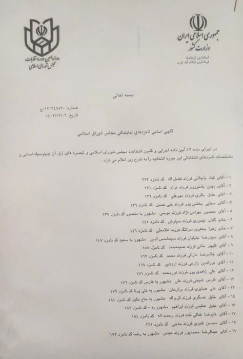 اسامی نهایی کاندیداهای حوزه انتخابیه اسلامآباد غرب و دالاهو اعلام شد