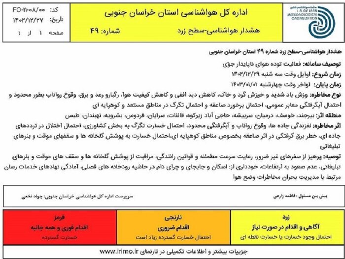 هشدار هواشناسی درباره بارندگی در خراسان جنوبی