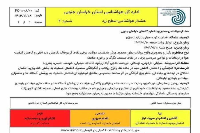 ناپایداری‌ جوی در خراسان جنوبی تقویت می‌شود