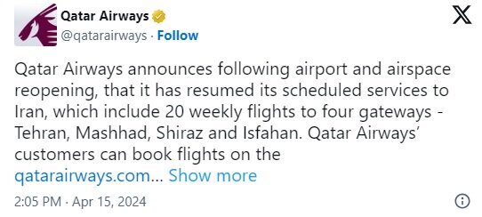 Qatar Airways resumes flights to Iran