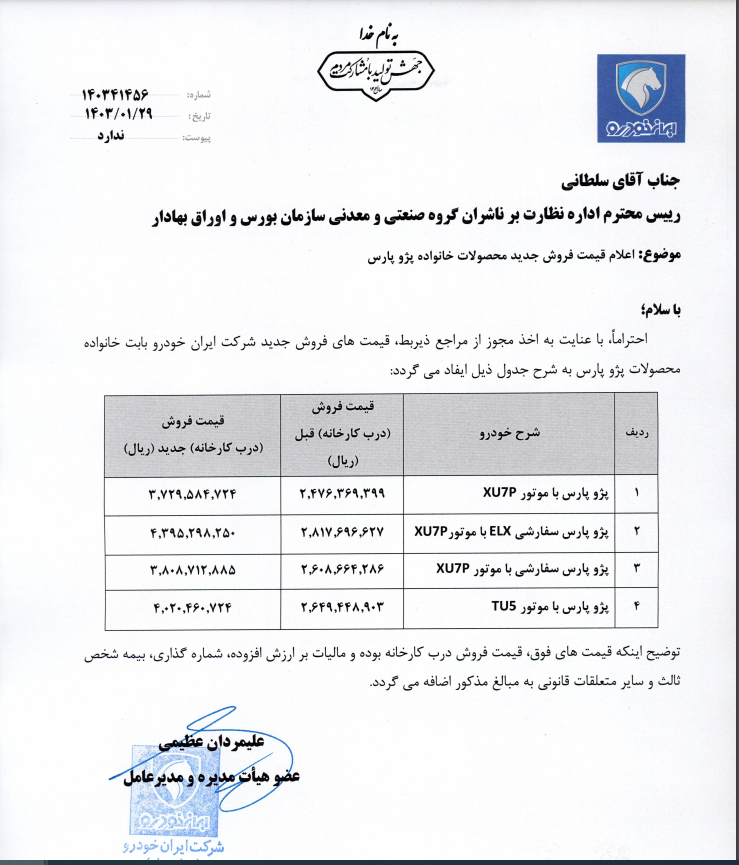 ادعای ایران خودرو درباره اخذ مجوز افزایش قیمت پژو پارس
