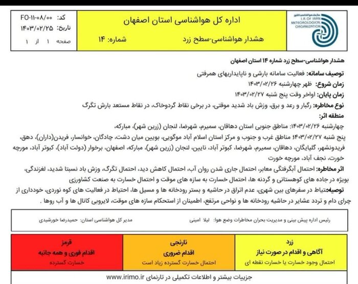 بارش‌های پراکنده برخی مناطق اصفهان را فرا می‌گیرد