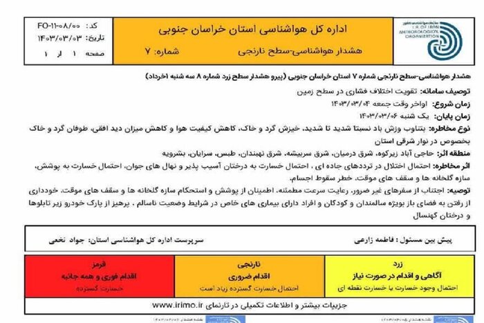 هشدار نارنجی وزش باد و گرد و خاک در خراسان جنوبی 2