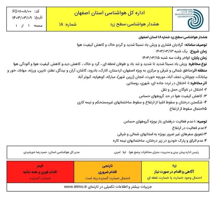 وزش باد در استان اصفهان شدت میگیرد