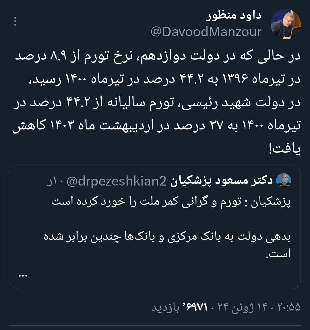 منظور در واکنش پزشکیان: تورم در دولت شهید رئیسی کاهشی شد