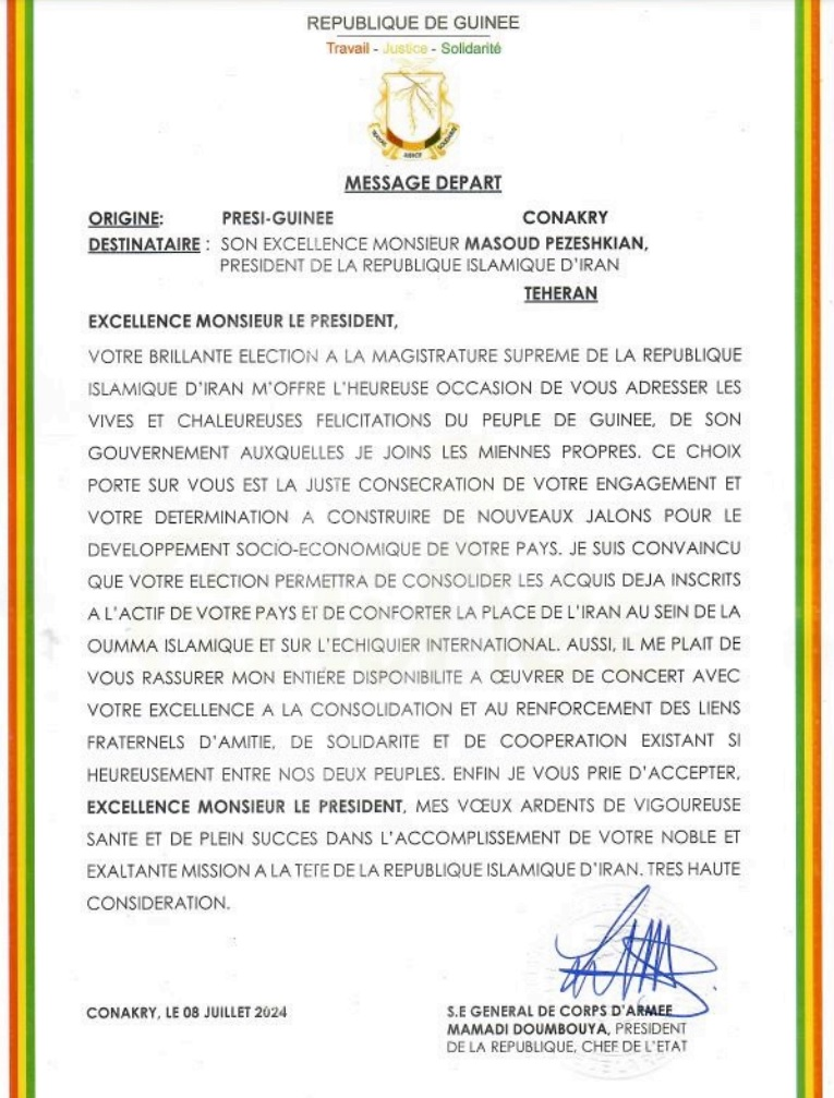 Le président de la Guinée félicite Pezeshkian pour sa victoire à la présidentielle iranienne