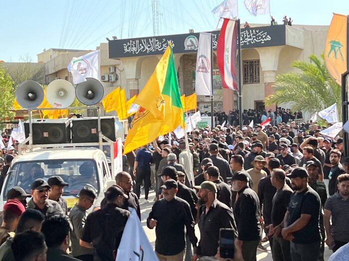 آیین تشییع پیکر شهدای حمله آمریکایی به مقر الحشد الشعبی در بغداد برگزارشد