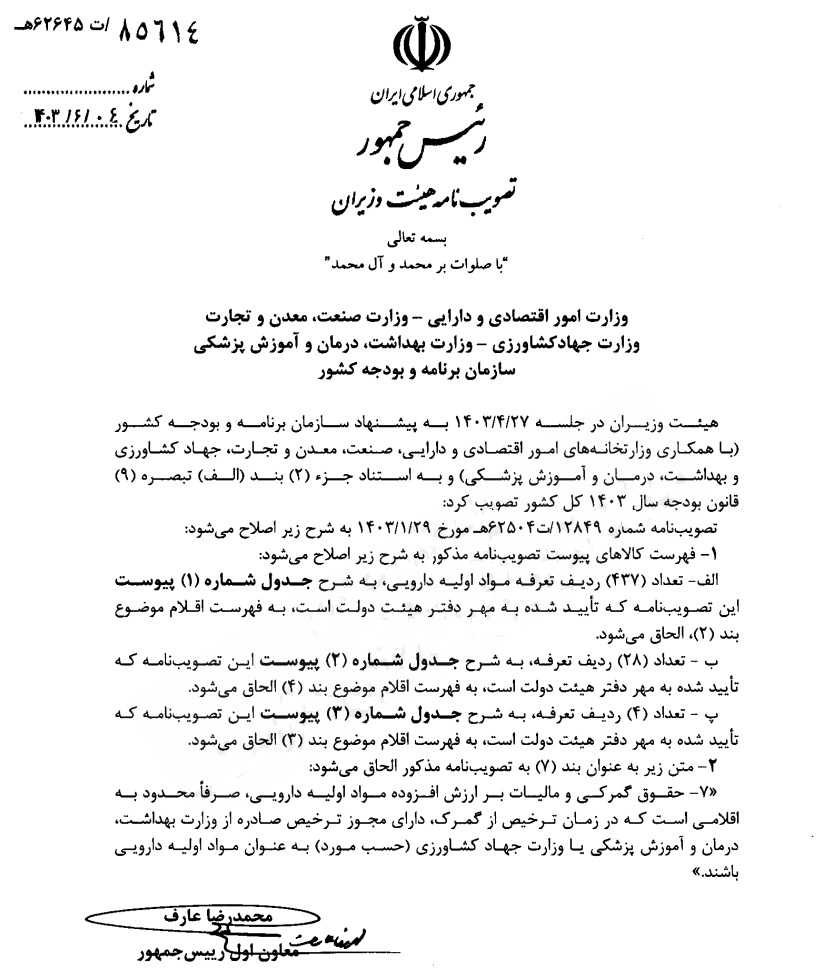 عارف لیست داروهای وارداتی مشمول «حقوق گمرکی و مالیات ارزش افزوده یک درصدی» را ابلاغ کرد