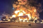 کامیون رنو در آزادراه زنجان- قزوین بر اثر خواب آلودگی راننده آتش گرفت