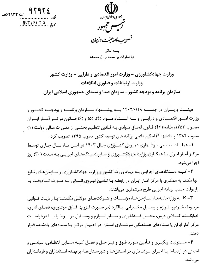 زمان آغاز سرشماری کشاورزی مشخص شد