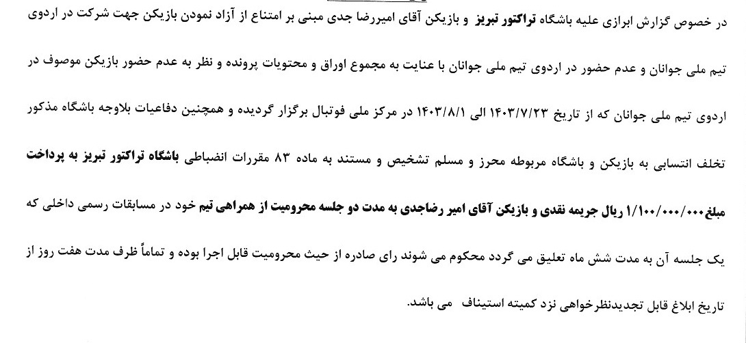 جریمه ۱۱ باشگاه فوتبال به دلیل همکاری نکردن با تیم فوتبال امید