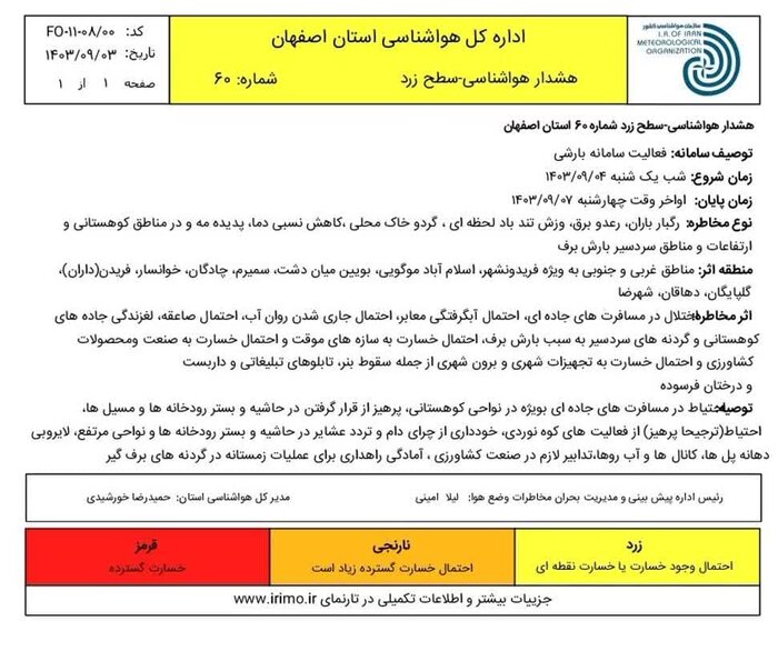 هواشناسی اصفهان در باره بارشهای رگباری هشدار داد