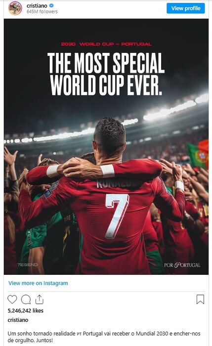 واکنش اینستاگرامی رونالدو به میزبانی پرتغال در جامجهانی + عکس