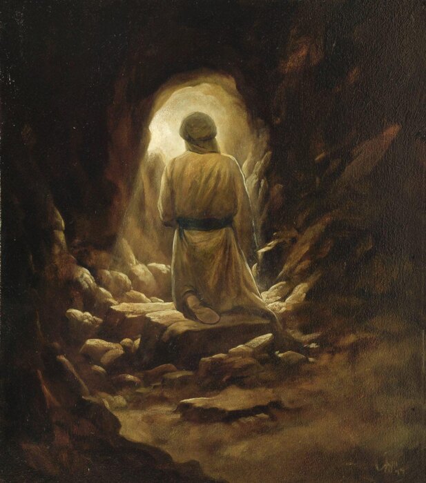 İranın məşhur rəssamı Həsən Ruhul-Əmin tərəfindən çəkilmiş Hira mağarasında Peyğəmbərin ibadətinin şəkli.