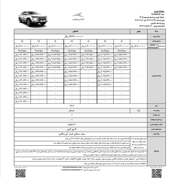 شرایط فروش نقدی و اقساطی 6 محصول کرمان موتور اعلام شد