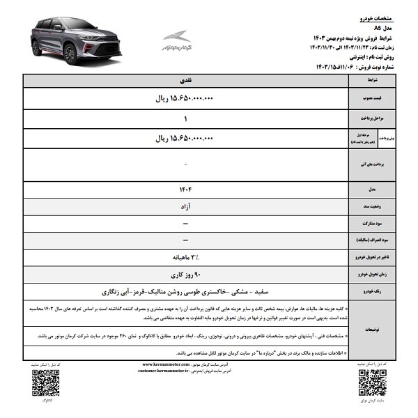 شرایط فروش نقدی و اقساطی 6 محصول کرمان موتور اعلام شد