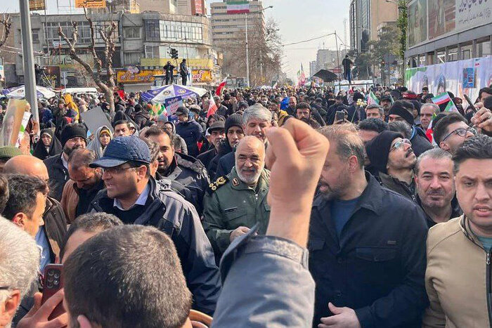 Iranian officials attend a rally marking the anniversary of the Islamic Revolution