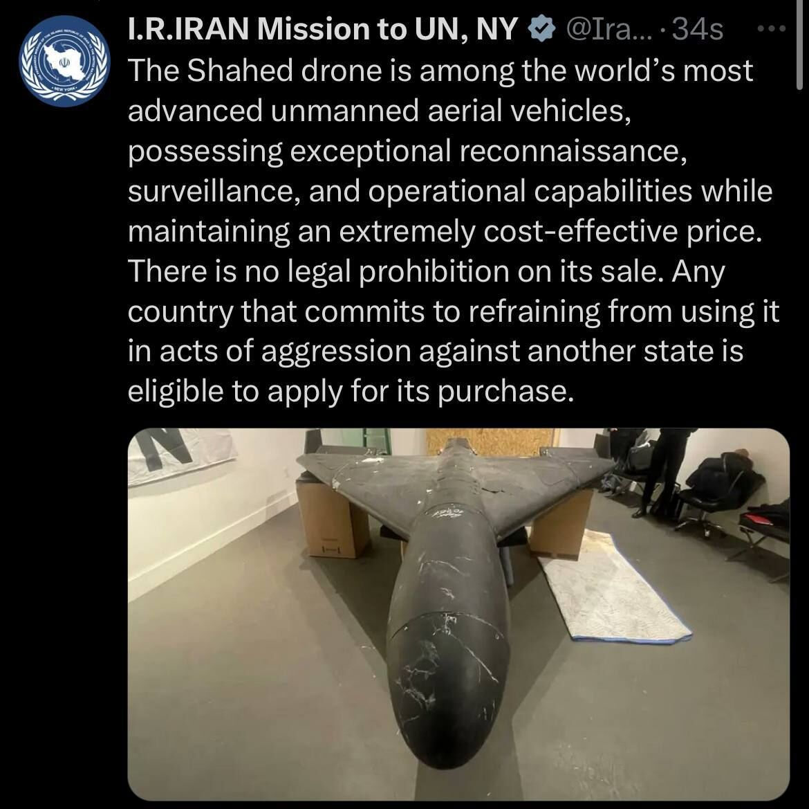 Iran’s UN mission: There is no legal prohibition on Shahed drone sale