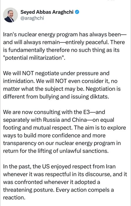 عراقچی: مذاکره با قلدری و دستور دادن متفاوت است