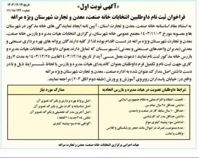 احیای خانه صنعت و معدن مراغه/ انتشار فراخوان ثبتنام برای انتخابات