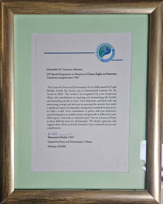 U.N.'s Francesca Albanese awarded Taqi Ebtekar Prize for efforts in exposing Israel's genocide