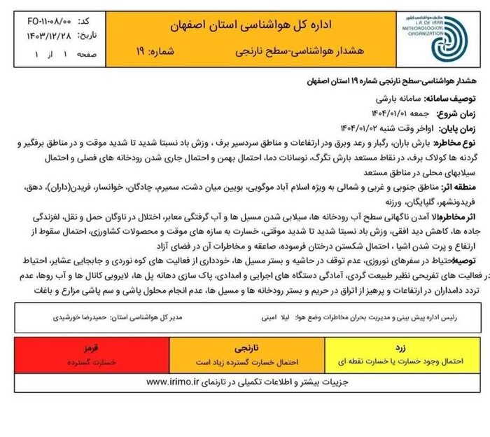 سامانه بارشی از روز پنجشنبه وارد استان اصفهان میشود