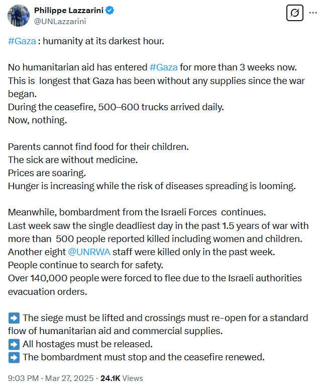 رئیس آنروا: ۳ هفته از ورود آخرین کمک بشردوستانه به غزه میگذرد